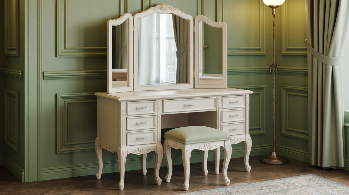 Cream French makeup vanity with tri-fold mirror against sage green paneled wall