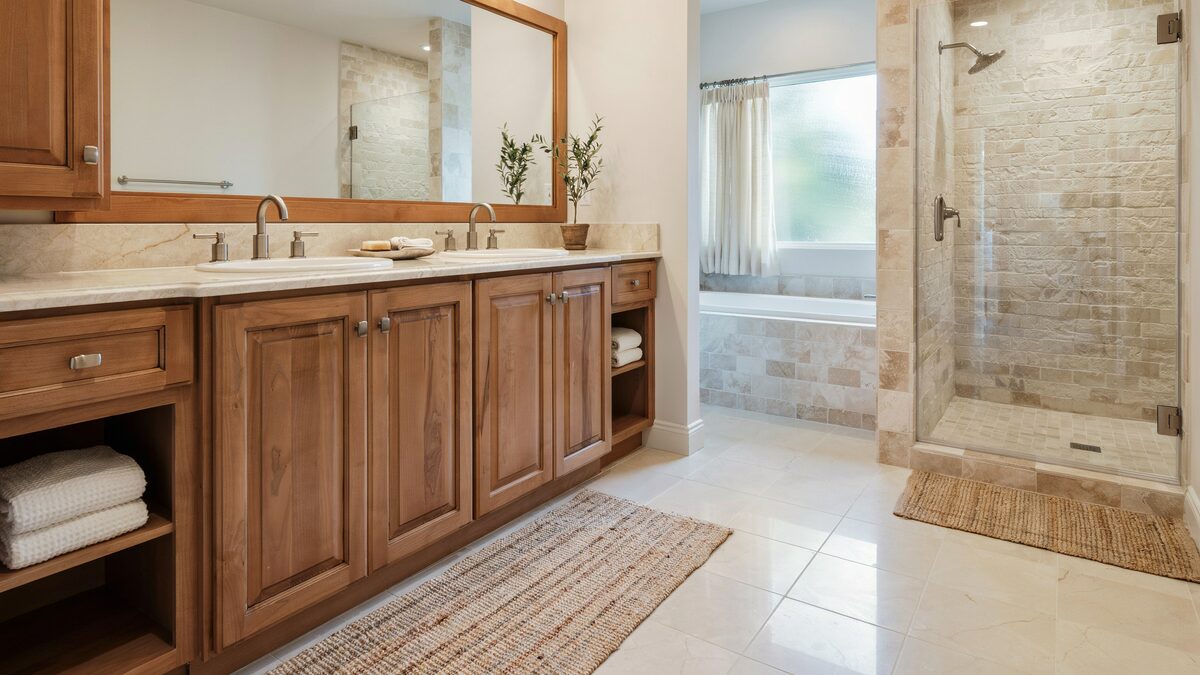 Wood cabinet double vanity and stone tiled corner shower on porcelain floors