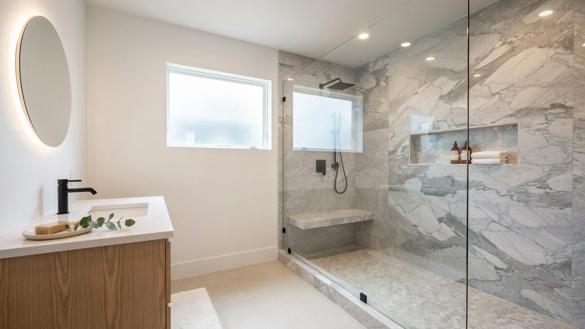 Marble slab shower wall with bench beside sheet vinyl floor and floating vanity
