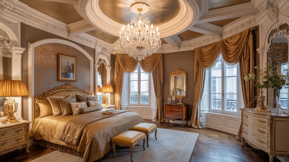Grand Parisian bedroom with ornate coffered ceiling, crystal chandelier, and gold walls