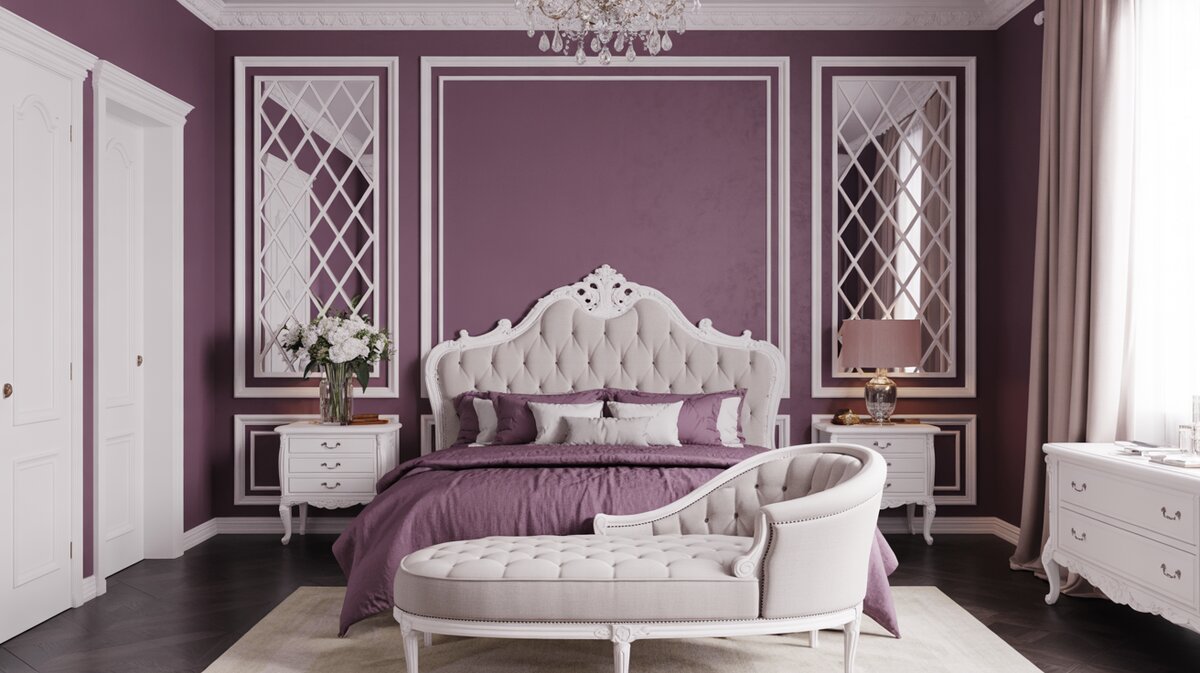 Glamorous Parisian bedroom with deep plum accent wall and white carved tufted bed