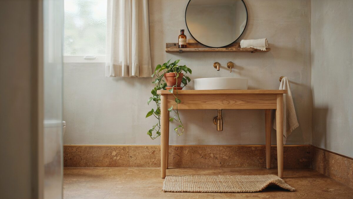 Light oak console sink over speckled cork floor with cork wainscot