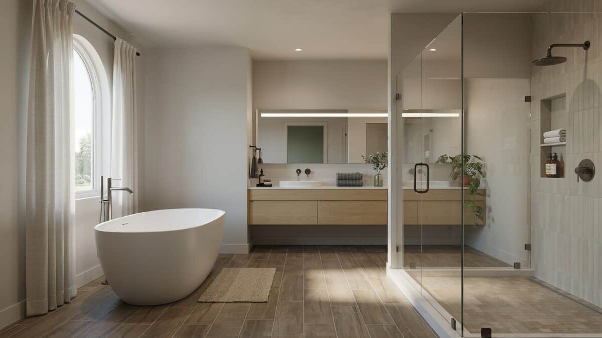 Freestanding tub and long floating vanity above wood look porcelain plank tile