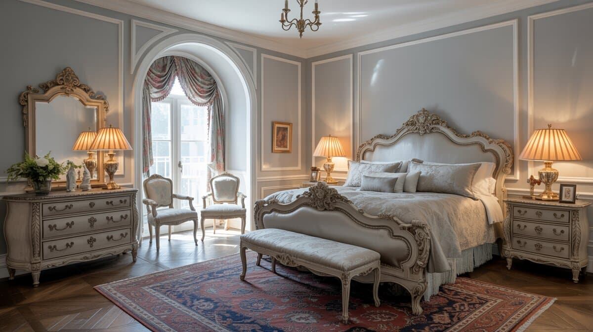 Traditional French bedroom with gray walls and heavily carved silver bedroom furniture set