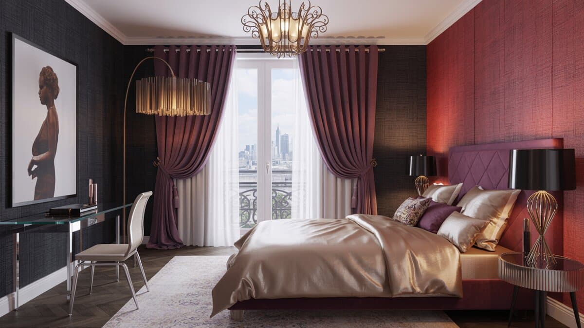 Bold Parisian bedroom with red wallpaper accent wall, plum velvet curtains, and city view