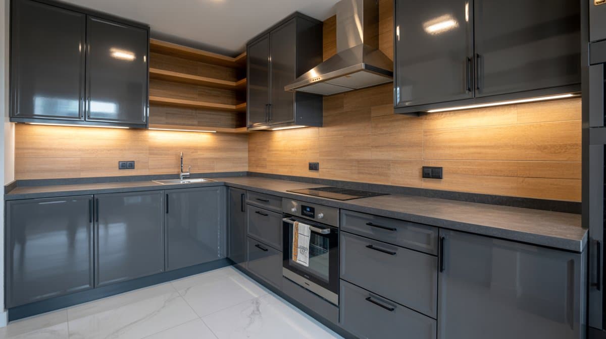 High-gloss anthracite U-shaped cabinets with warm wood tile backsplash, LED under-cabinet lighting, and white tile floors.