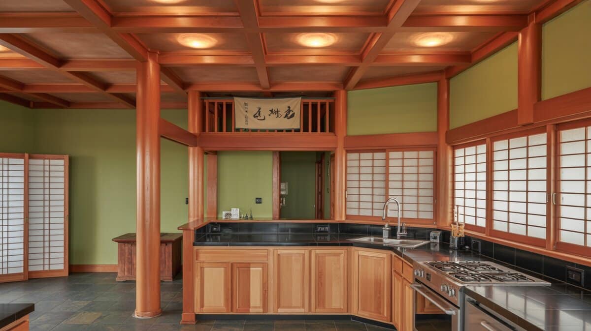 Asian zen interior design kitchen with cherry wood ceiling, shoji panels, and sage green walls