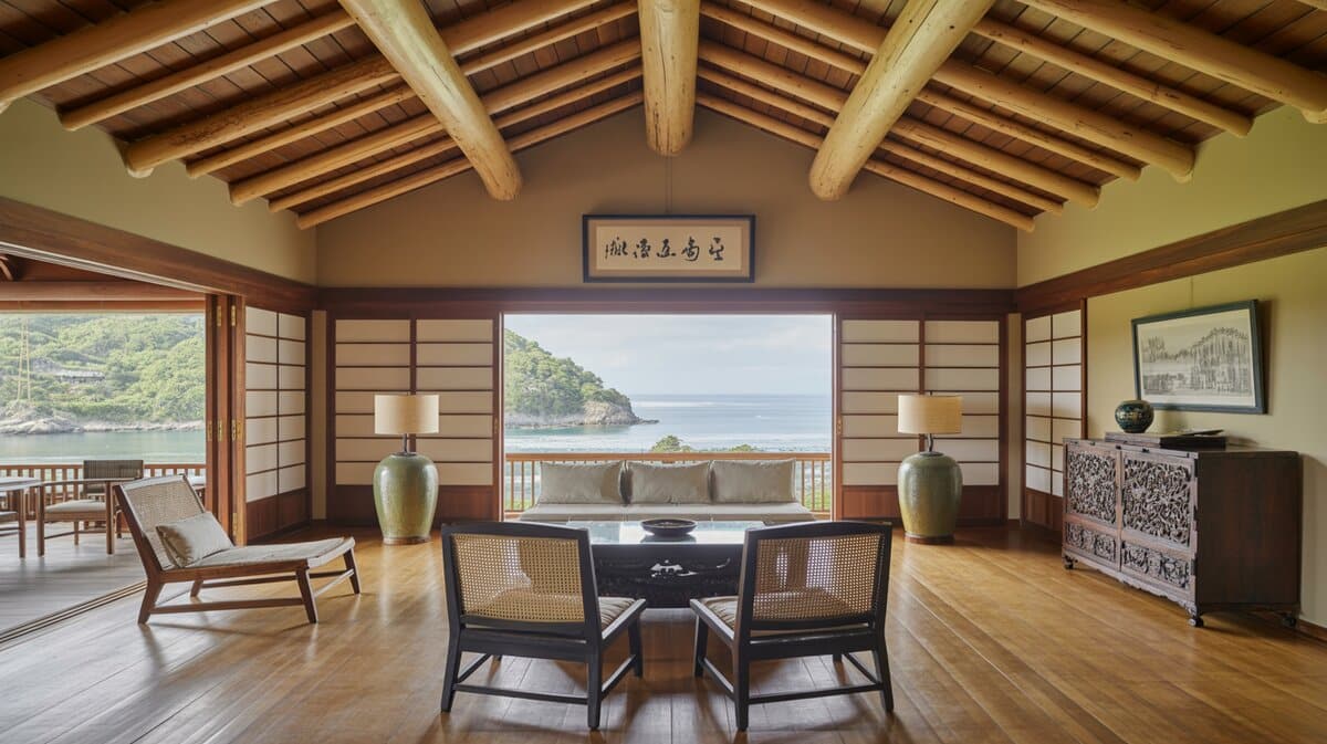 Asian zen interior design living room with log beam ceiling, shoji doors, bamboo floor, and water view