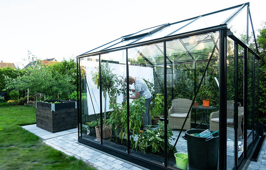 Backyard greenhouse with sitting area