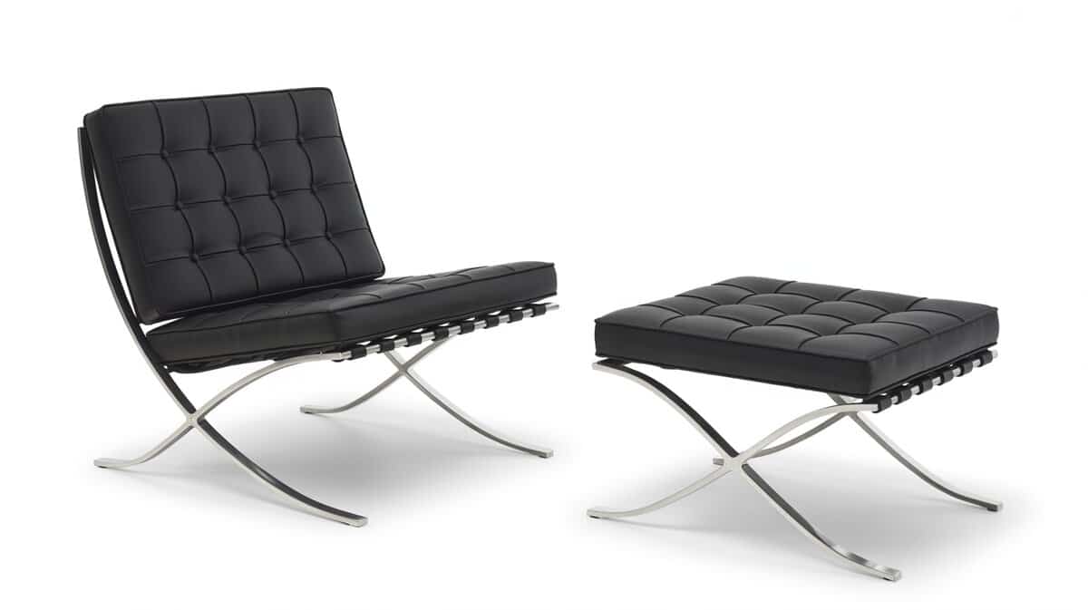 Barcelona chair and ottoman in black tufted leather with chrome frame