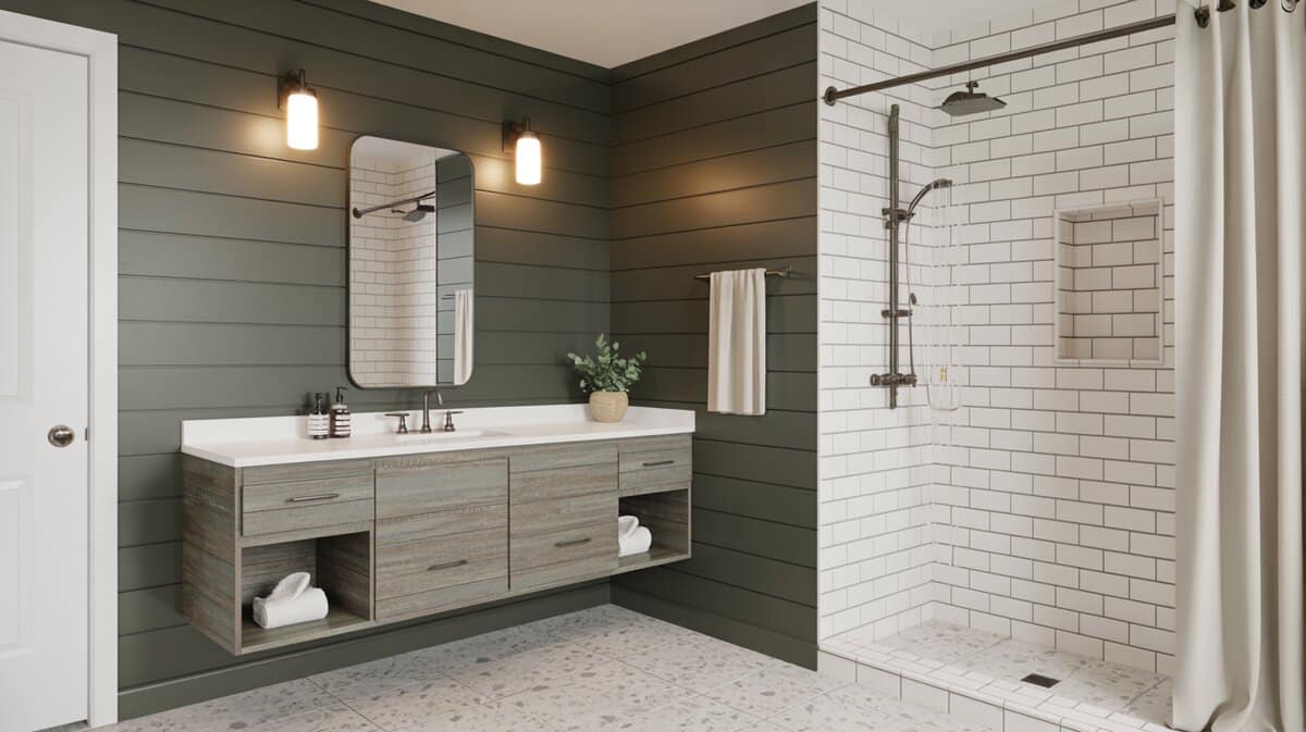 Bathroom with dark olive painted shiplap walls, driftwood vanity, and subway tile shower