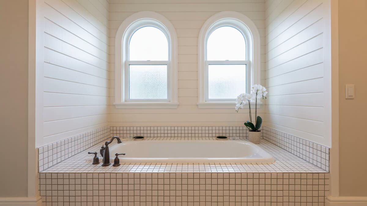 Bathroom with drop-in tub alcove, white shiplap accent wall, and arched windows