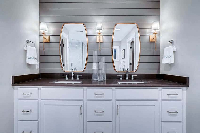Bathroom with gray horizontal shiplap above vanity