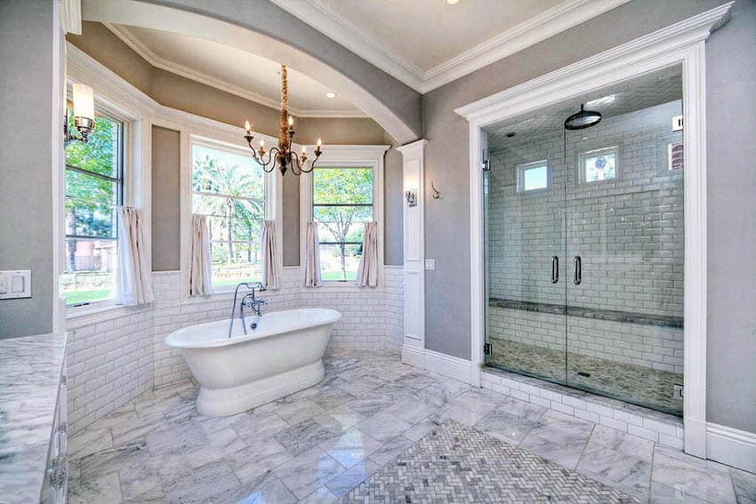 Bathroom with white brick cladding and black accent shower