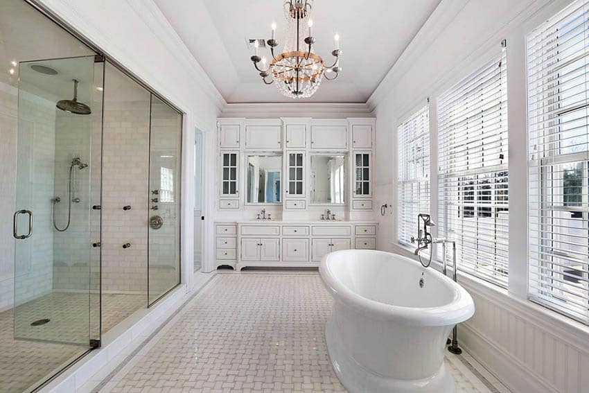 Bathroom with beadboard wainscoting, basketweave floor tile and subway tile shower