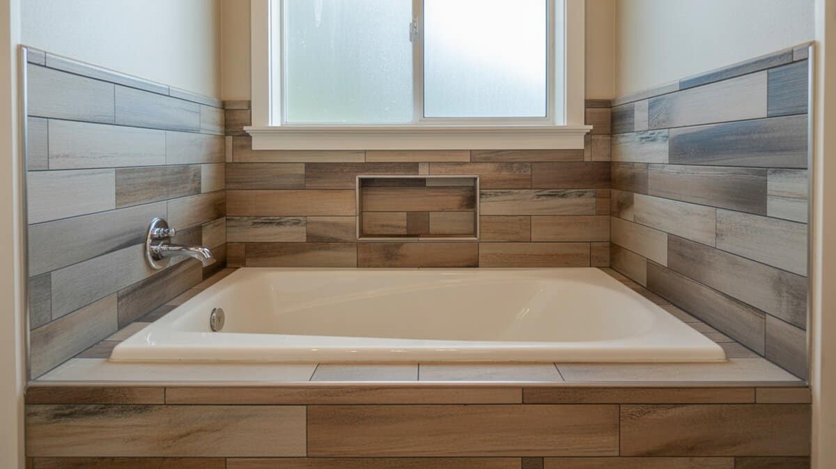Bathroom with wood-look shiplap tile tub surround, weathered gray finish, and recessed niche