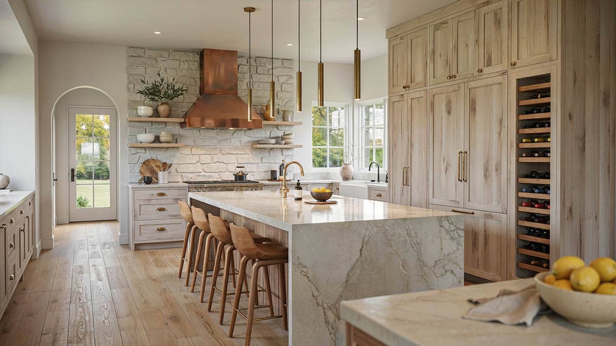 Upscale kitchen with rustic knotty cabinets and waterfall island