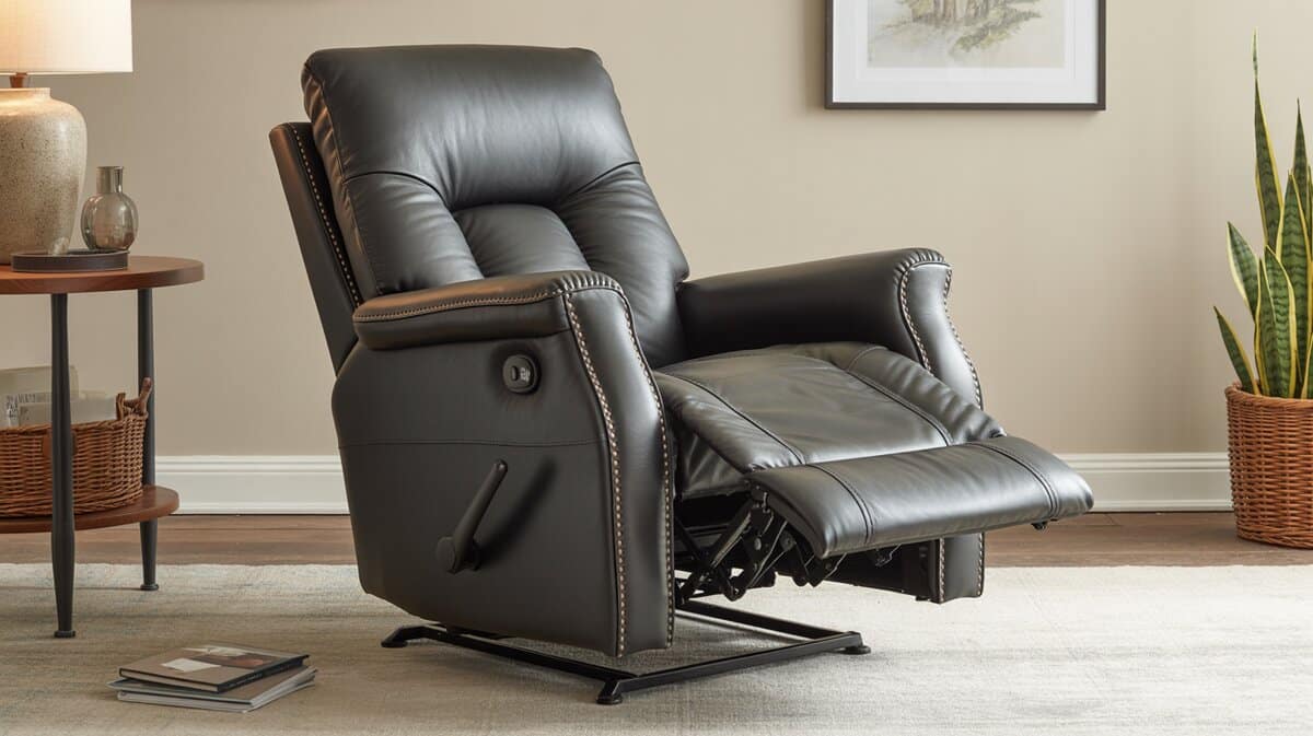 Black leather recliner chair with extended footrest