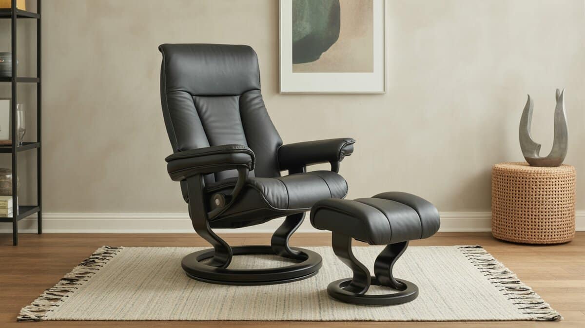 Black leather Stressless recliner with ottoman and swivel base