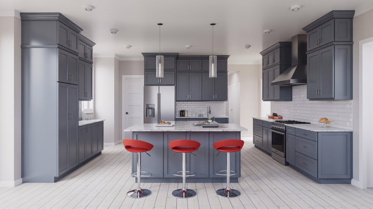 Slate blue shaker cabinets with marble island, red swivel stools, and white subway tile backsplash.