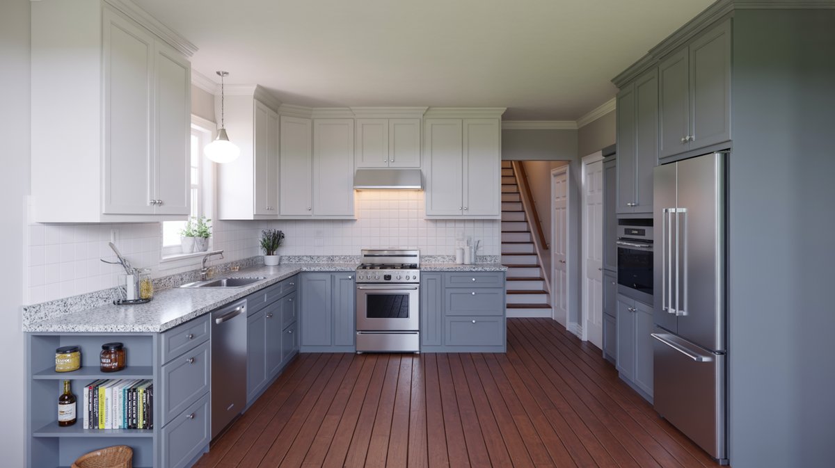 Powder-blue cabinets with a brass range hood, large woven rattan pendant, upholstered island chairs, and wood ceiling beams.