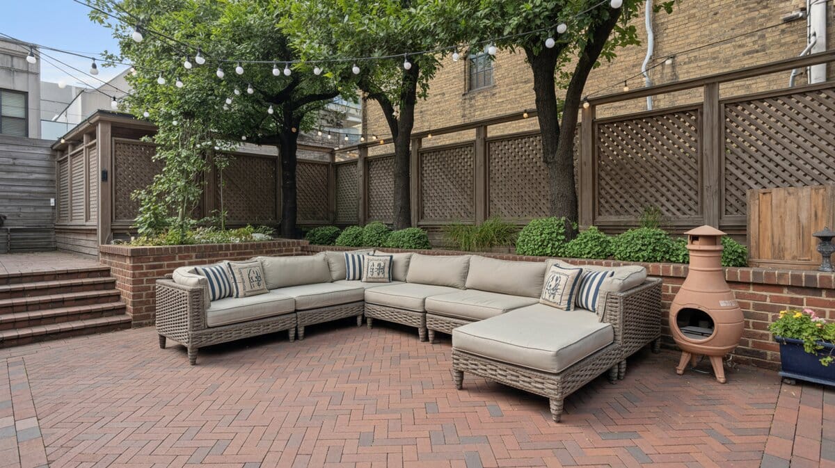 Brick herringbone patio with large wicker sectional sofa, clay chimenea, and dark wood lattice fence panels