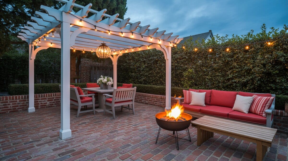 Brick patio at twilight with white pergola strung with Edison lights, iron fire bowl with flames, and red outdoor sofa