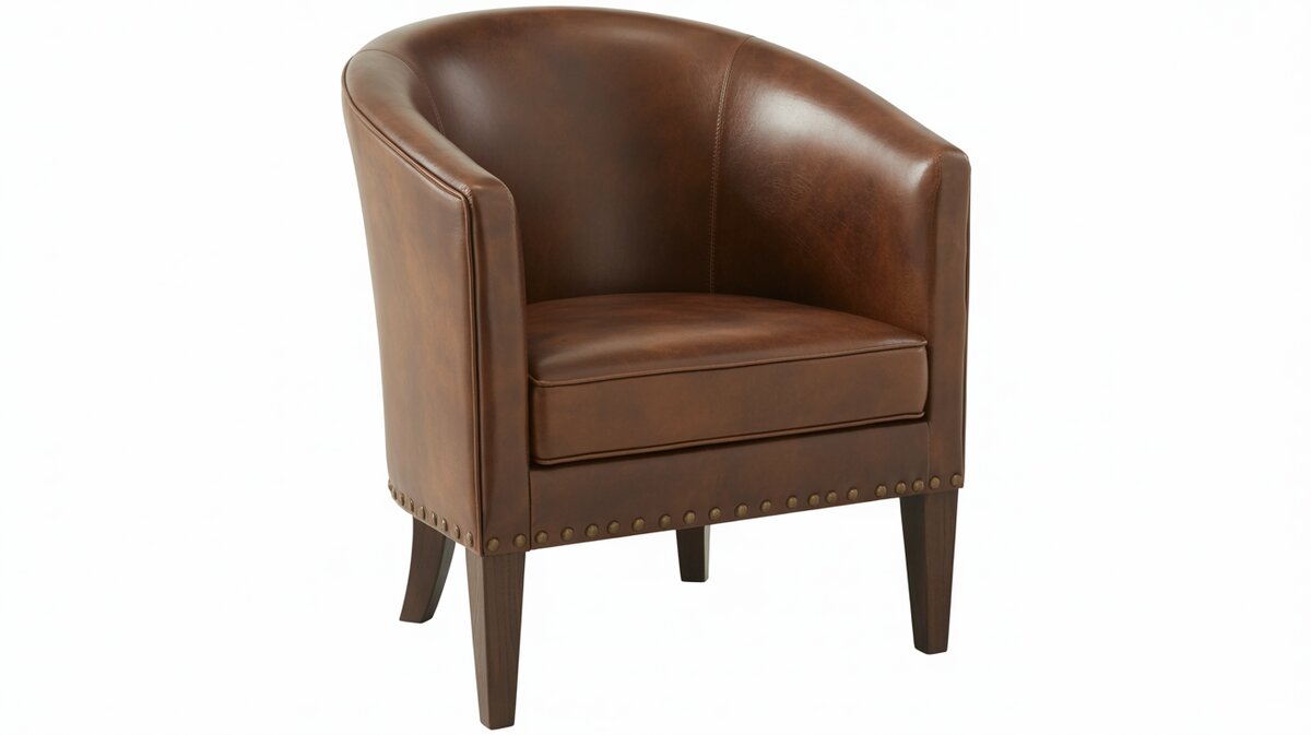 Brown faux leather barrel chair with nailhead round back