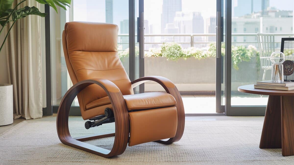 Caramel leather zero gravity chair with walnut frame in apartment