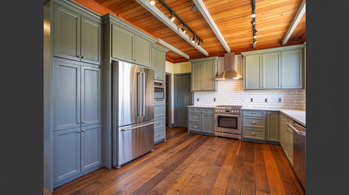 Dark charcoal shaker cabinets with a white island, drum trio pendants, sliding glass door, and stone tile backsplash.