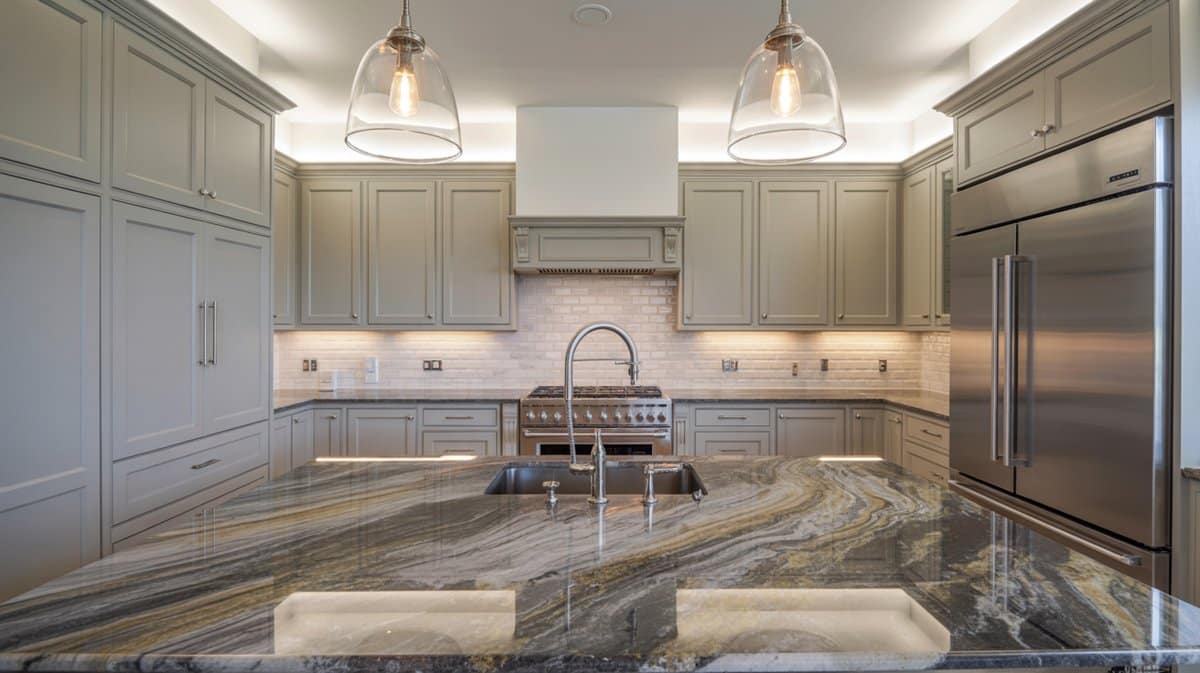 Sage green-gray raised-panel cabinets with exotic-veined granite island, clear glass pendants, and subway tile backsplash.