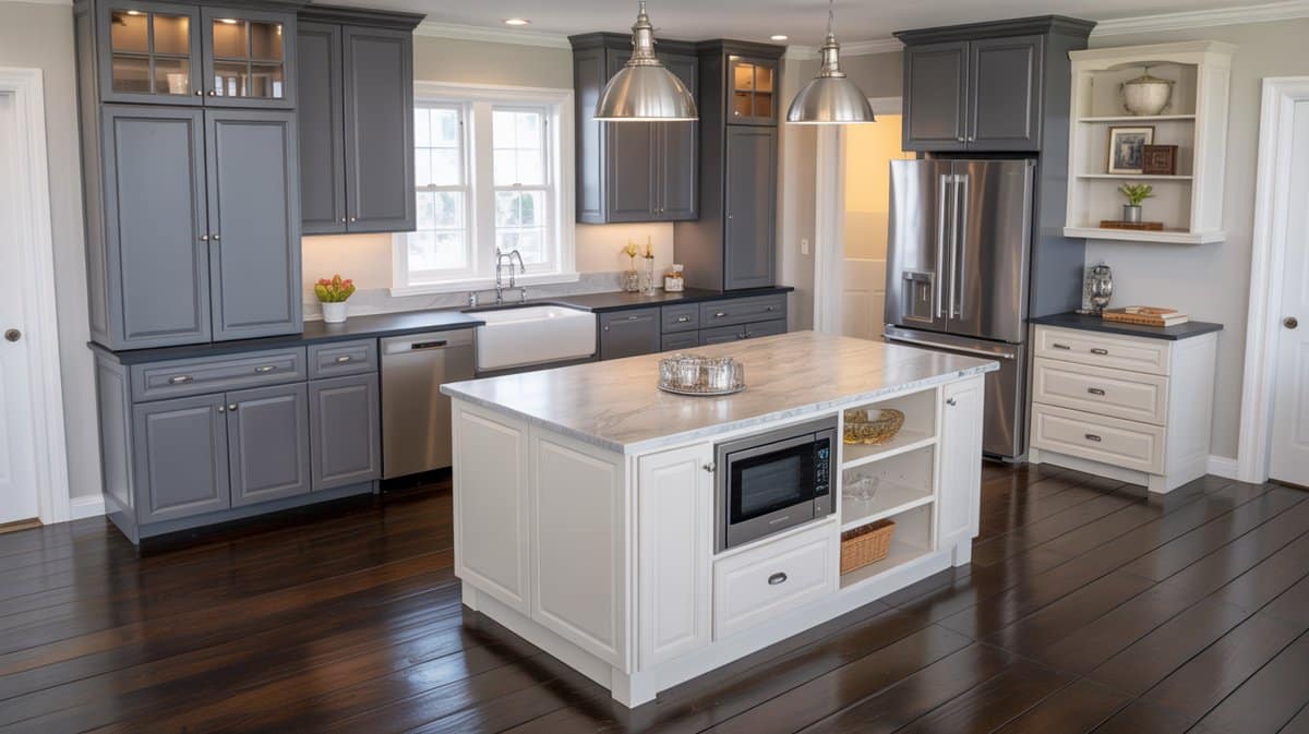 Mid-gray shaker cabinets with white island, polished silver dome pendants, dark hardwood flooring, and farmhouse sink.