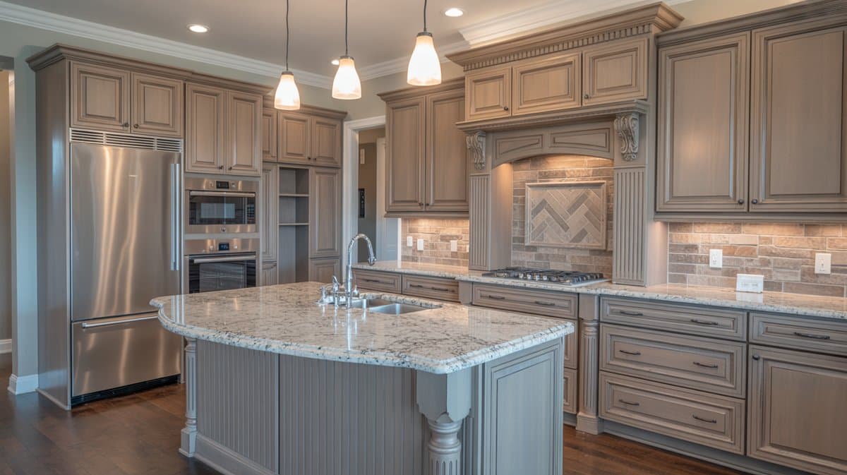 Glazed warm-gray raised-panel cabinets with a curved granite island, stone tile backsplash, and teardrop pendants.