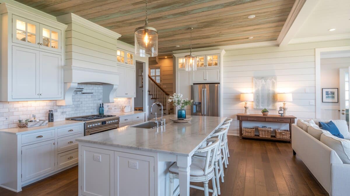 Coastal farmhouse kitchen with white cabinets, marble island, and reclaimed wood plank ceiling