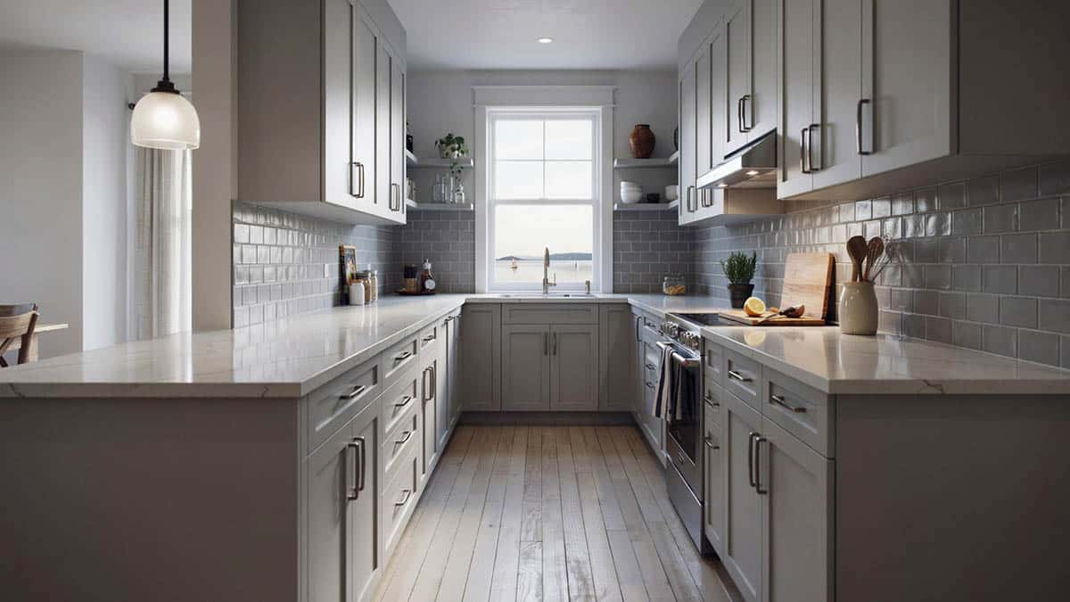 Coastal kitchen with a galley corridor and small eat-in-dining peninsula