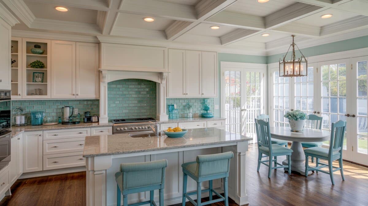 Coastal interior design kitchen with white cabinets, aqua subway tile backsplash, teal barstools, and coffered ceiling