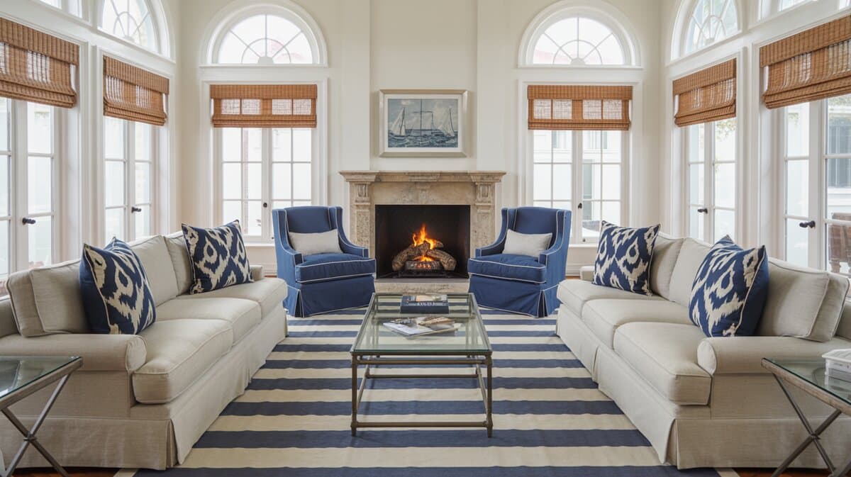 Coastal interior design living room with cream sofas, navy chairs, striped rug, and arched windows