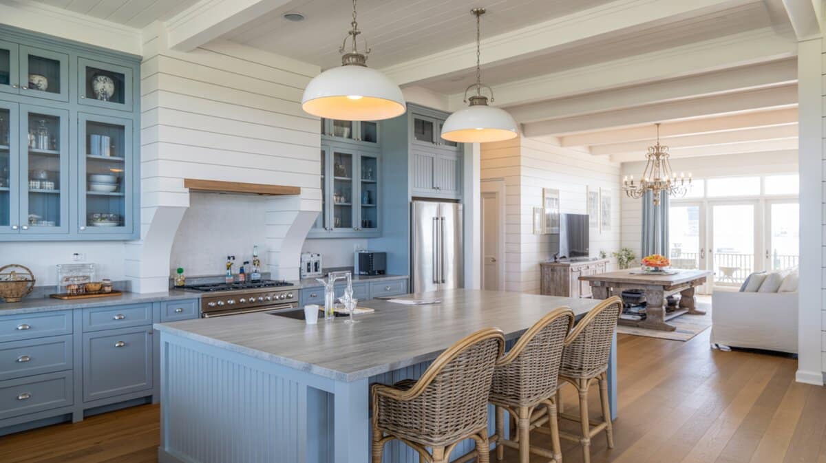 Coastal kitchen with pale blue cabinets, beadboard island, wicker barstools, and shiplap walls