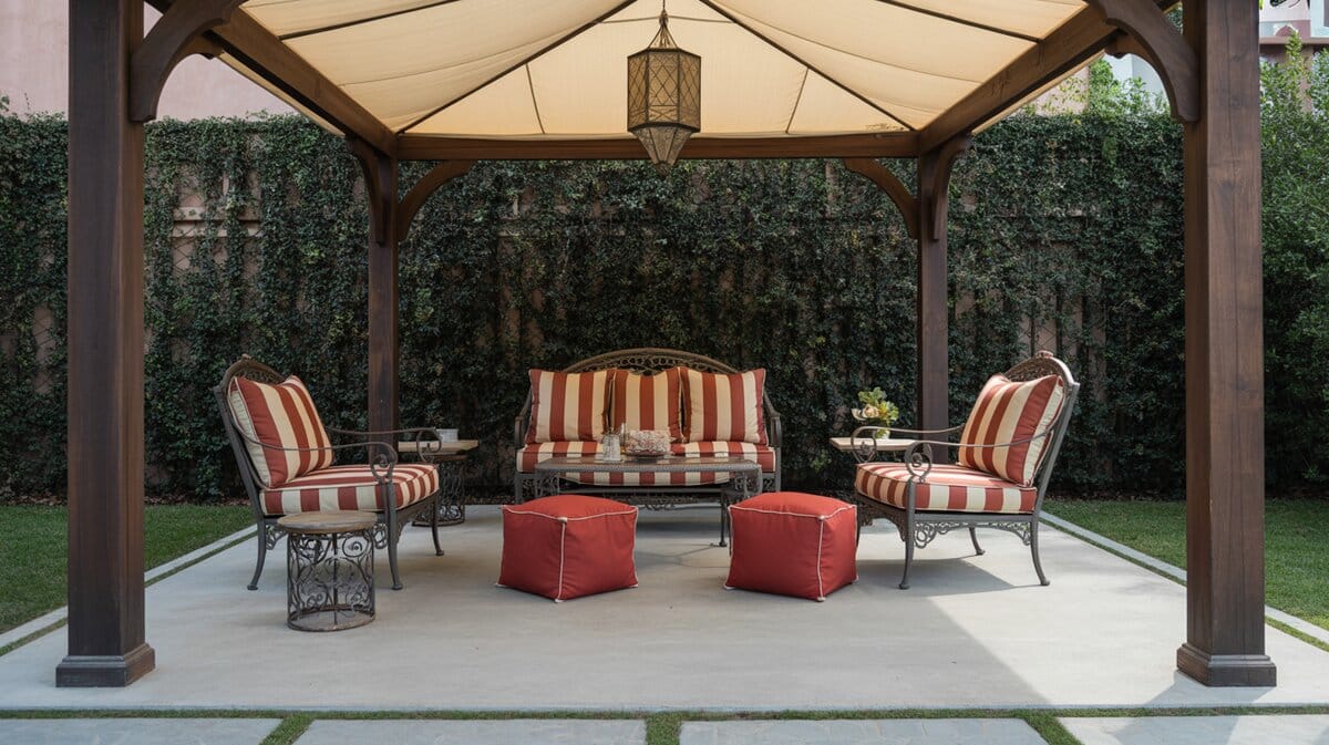 Concrete patio under a dark wood gazebo with canvas canopy, red and cream striped iron furniture, red ottomans, and Moroccan lantern