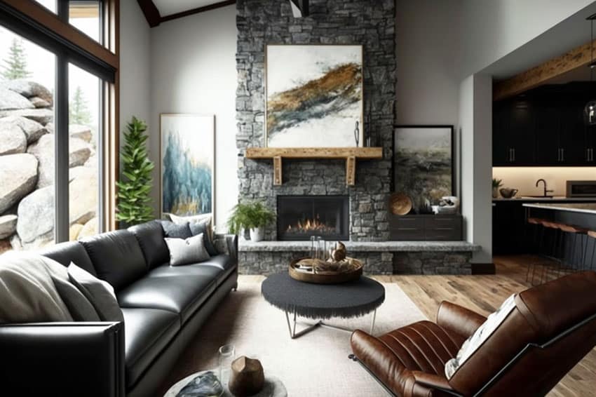 Contemporary design living room with dark gray leather sofa, brown leather armchair, light gray walls and stone fireplace