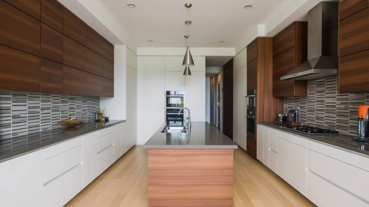Contemporary galley kitchen with island dark walnut upper cabinets and white lower cabinets with pendant lights