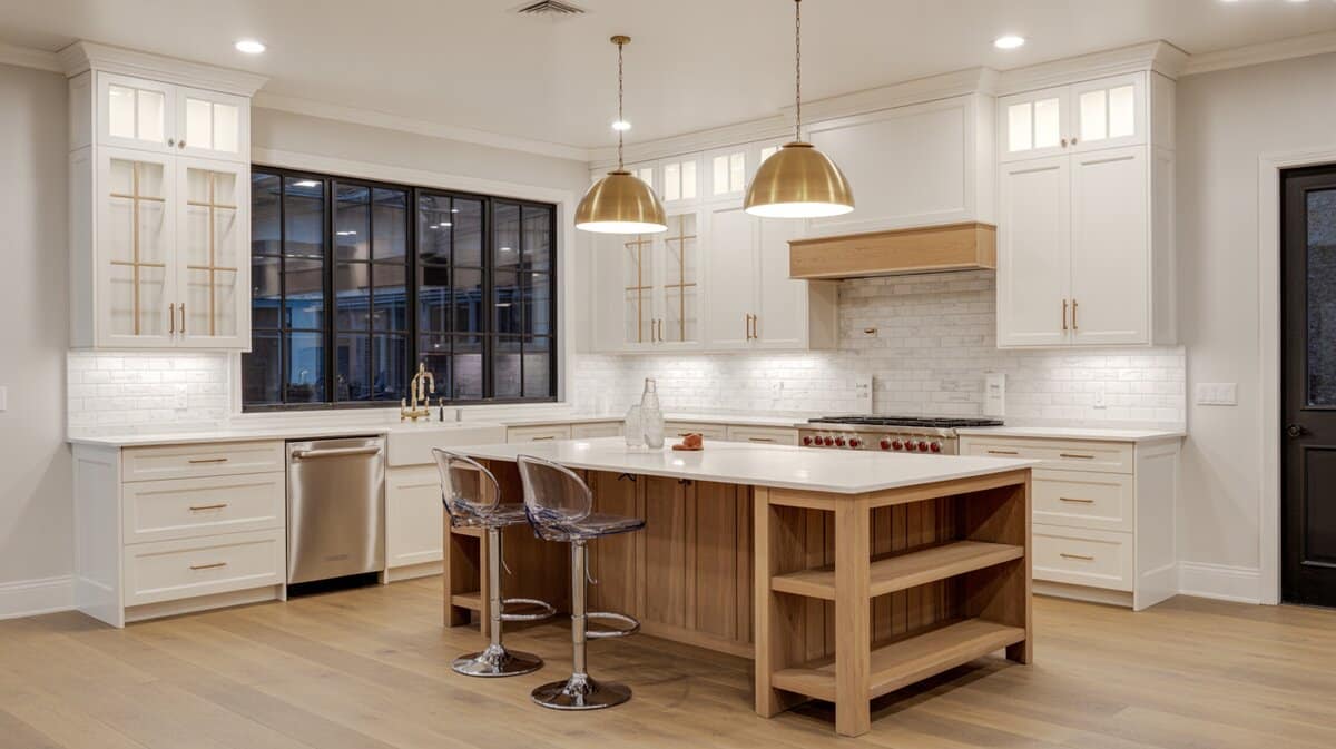 Contemporary interior design kitchen with white cabinets, wood island, and brass pendant lights