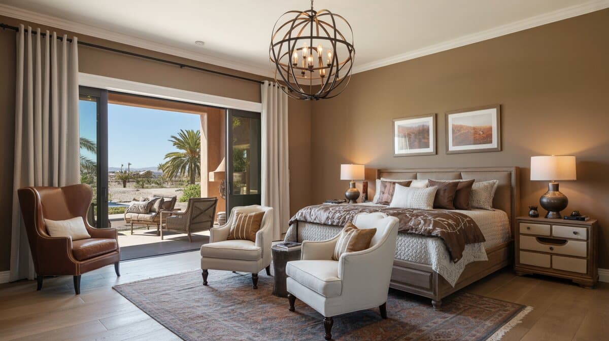 Contemporary interior design master bedroom with taupe walls, orb chandelier, and patio view