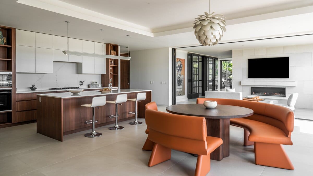 Contemporary kitchen with walnut island, marble counters, and curved orange leather banquette dining set