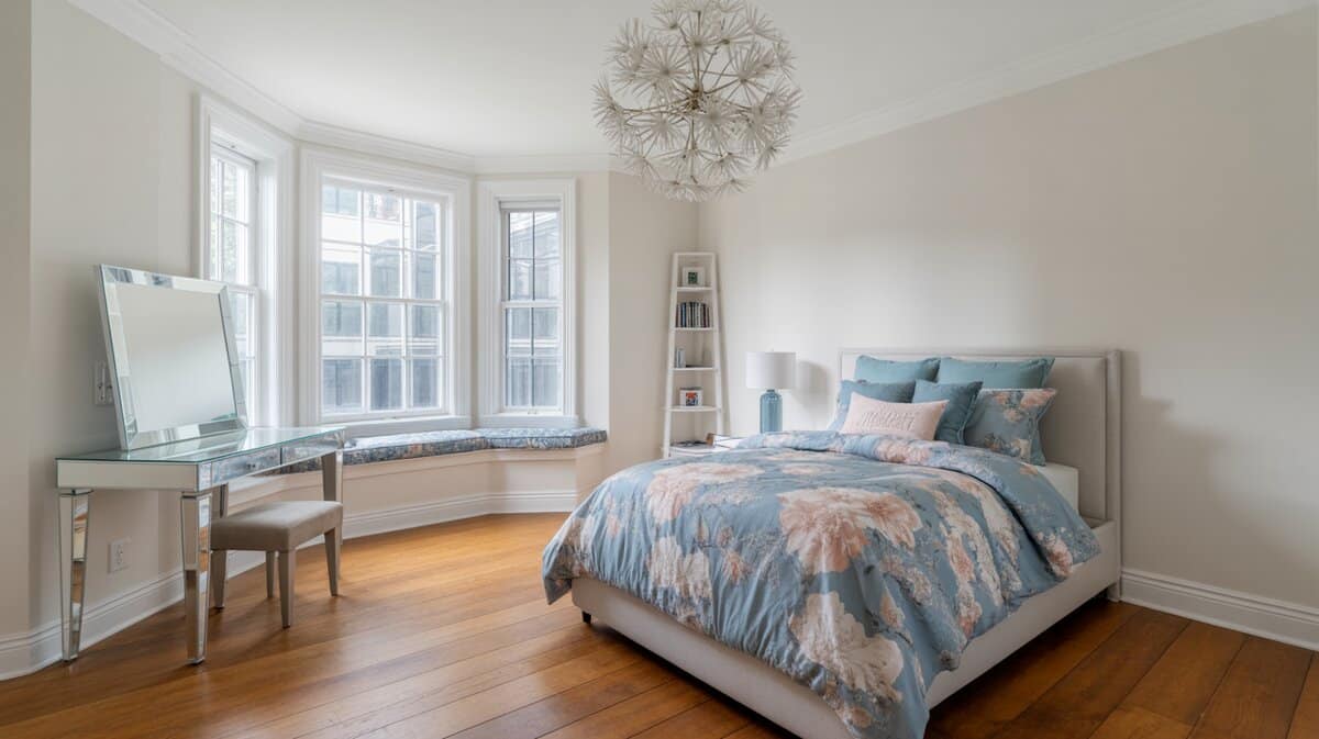 Contemporary teen girl bedroom with white oak floors, floral bedding, and starburst pendant light