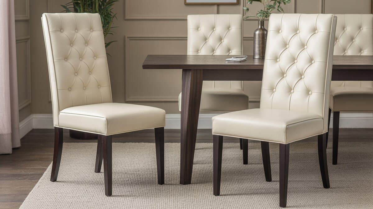 Contemporary white tufted Parsons chairs with dark wood dining table