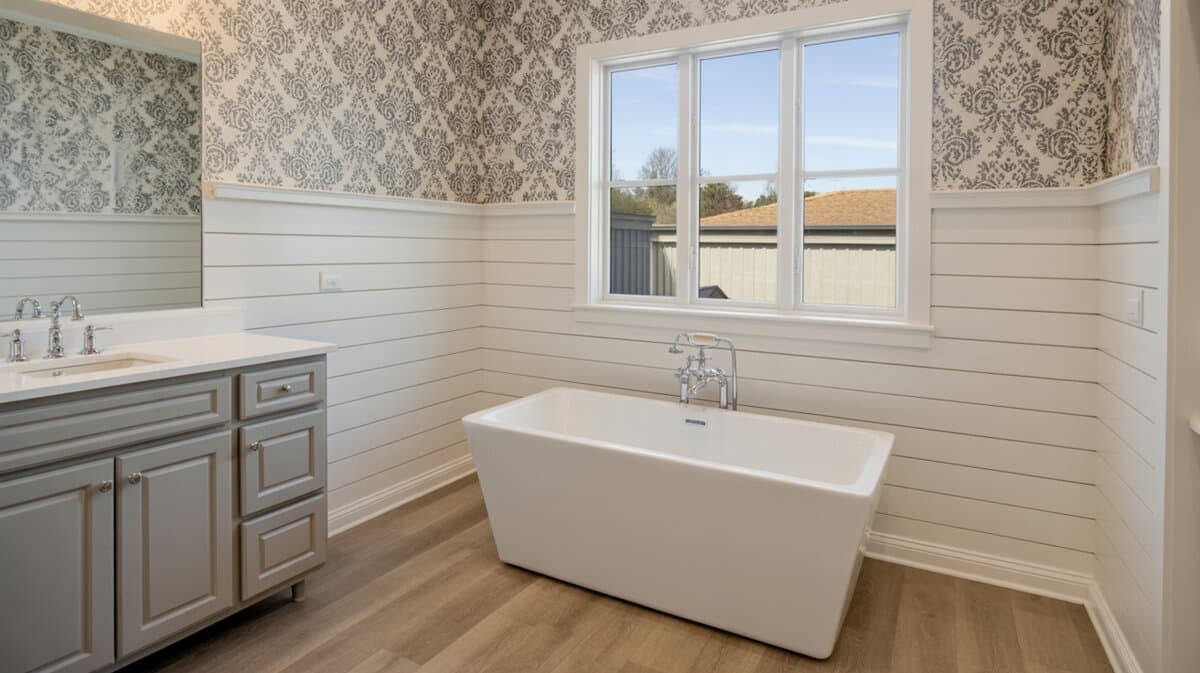 Contrasting bathroom with white shiplap lower half, patterned wallpaper upper half, and freestanding tub