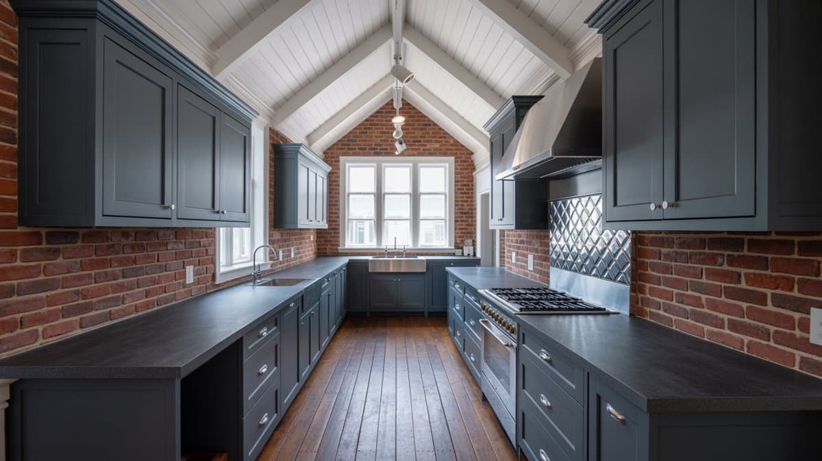 Charcoal shaker cabinets with dark soapstone counters, vaulted white shiplap ceiling, and exposed red brick walls.