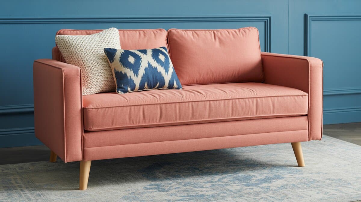 Coral pink sleeper chair with mid-century modern wood legs