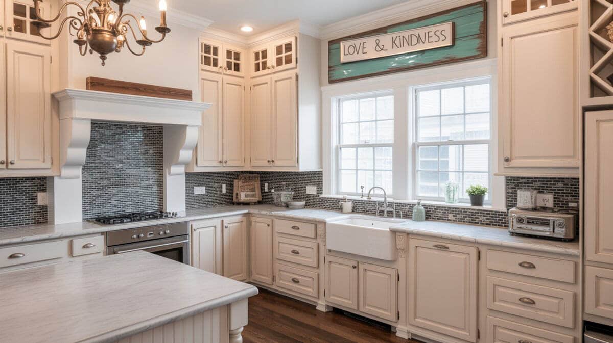 Cottage white kitchen with a handmade teal love sign displayed above the cabinets near a farmhouse sink